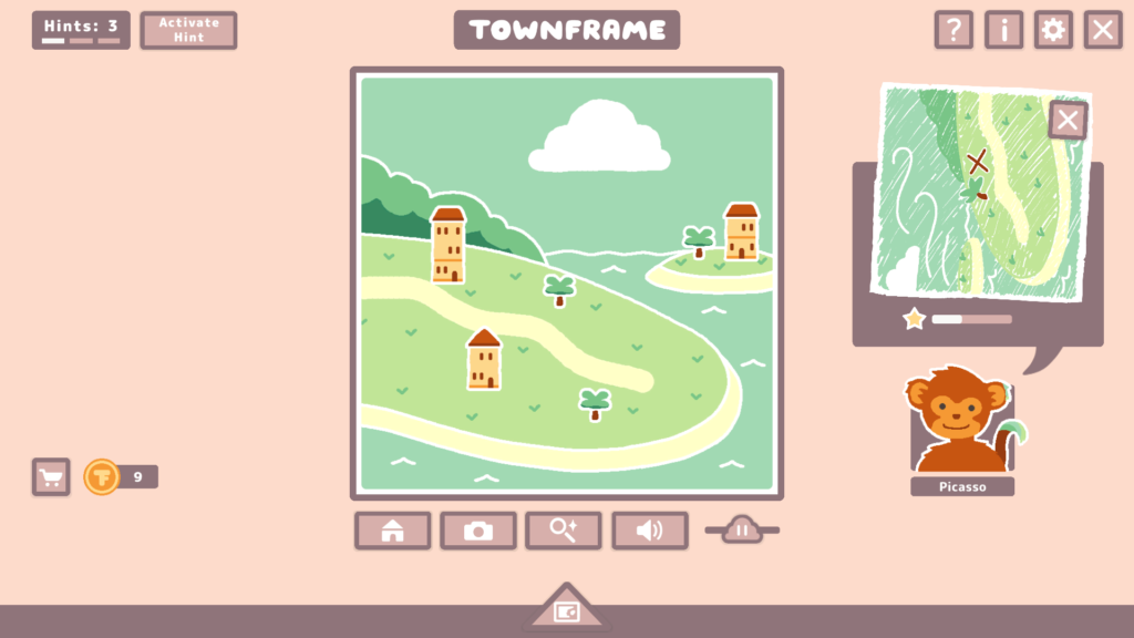 A screenshot of the game Townframe. In the middle is a picture of the town that you're trying to recreate. On the right hand side, a monkey is showing a picture of where he remembers something to be